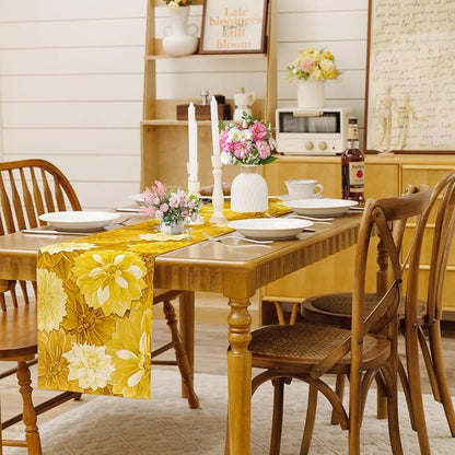 Yellow Dahlia Flower Summer Table Runner Yellow Gray Burlap Table Runners - Image 2