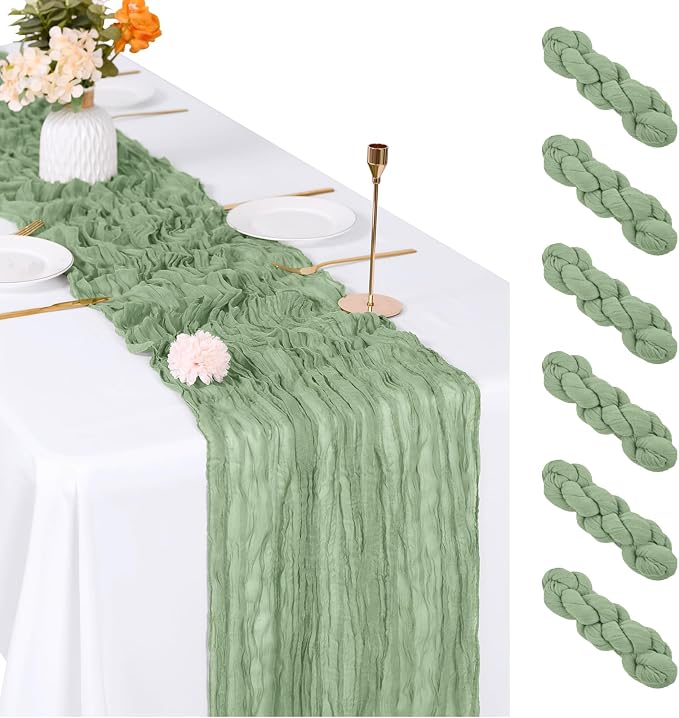 6 Pack Sage Green Cheesecloth Table Runner, 17 x 108 inch, Semi Sheer Boho by ACSUIT