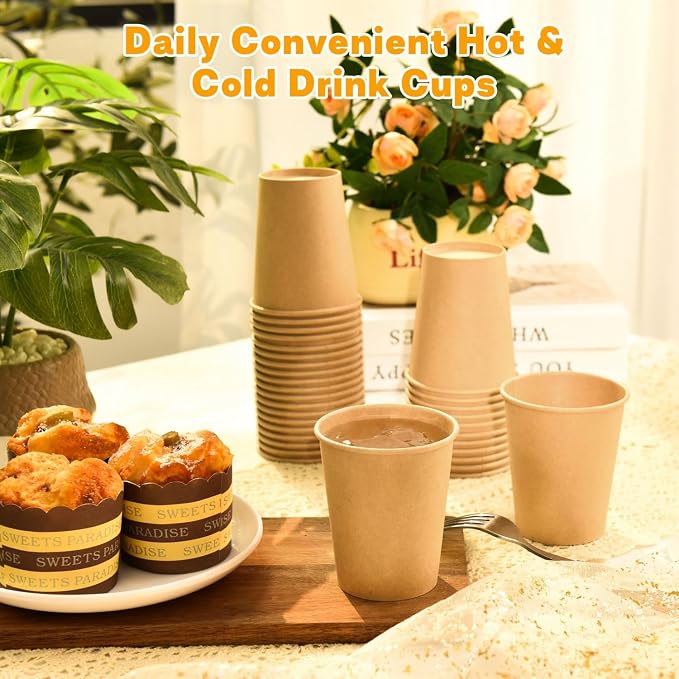 Vumdua 200 Pack 8 oz Kraft Paper Cups, Heavy-duty Disposable Coffee Cups - Image 5