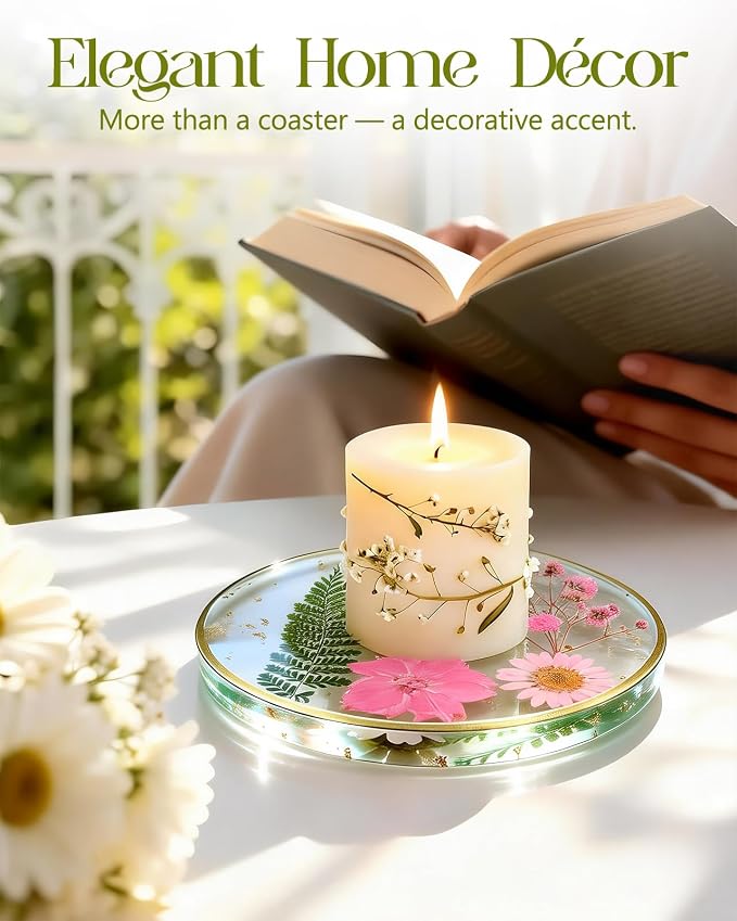 Oqplog Resin Drink Coaster for Desk Coffee Table-Pink Cute Dried Flowers Cup - Image 5