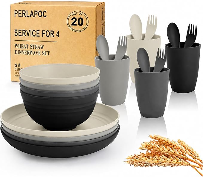 20 PCS Wheat Straw Plates and Bowls Sets, Kids Dishes Dinnerware Sets by Perlapoc