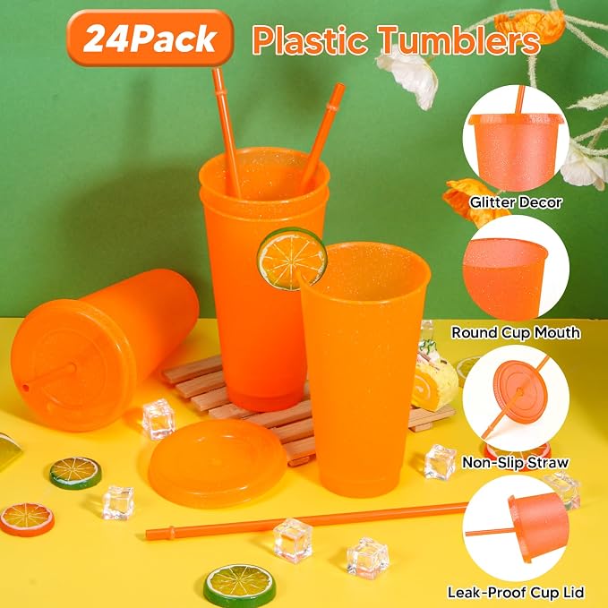 24 Pack Plastic Tumblers with Lids and Straws, Reusable Colorful Cups - Image 3