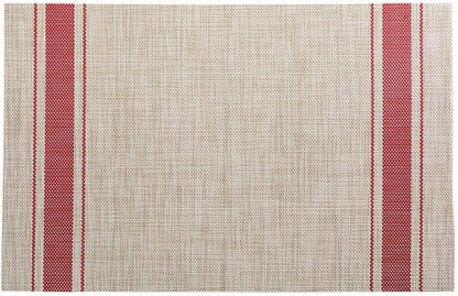 Restaurantware French Countryside 16 x 12 Inch Dining Table Placemats Set Of 6 Heat-Tolerant Kitchen Table Mats - Red Stripe No Stain Khaki Vinyl Woven Rectangle Placemats Easy To Clean