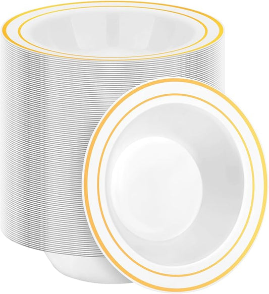 BESTSTAR 200 Pack Disposable Soup Bowls with Gold Rim, 12oz Premium Heavy Duty Plastic Dinner Bowls for Party, Wedding and Holiday