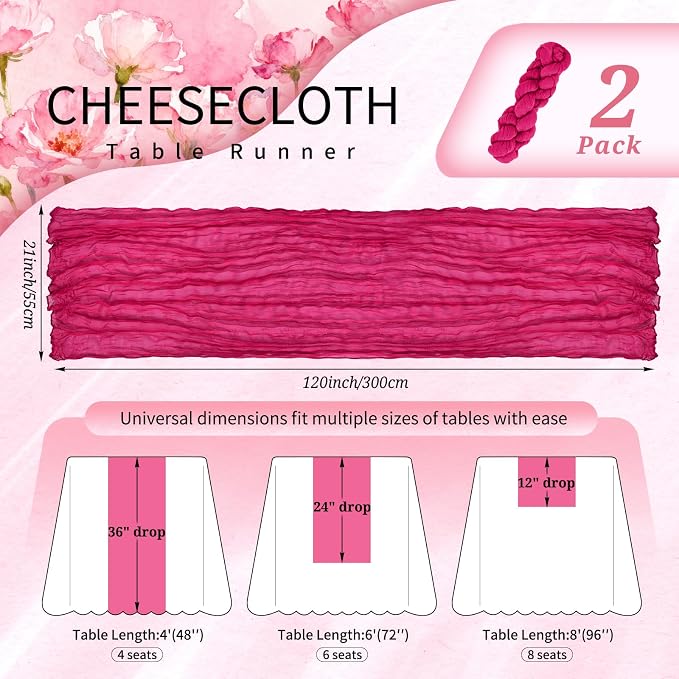 Showgeous 2 Pack Hot Pink Cheesecloth Table Runners Boho Wedding Decor | Rustic - Image 2
