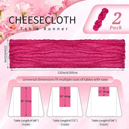 Showgeous 2 Pack Hot Pink Cheesecloth Table Runners Boho Wedding Decor | Rustic - Image 2