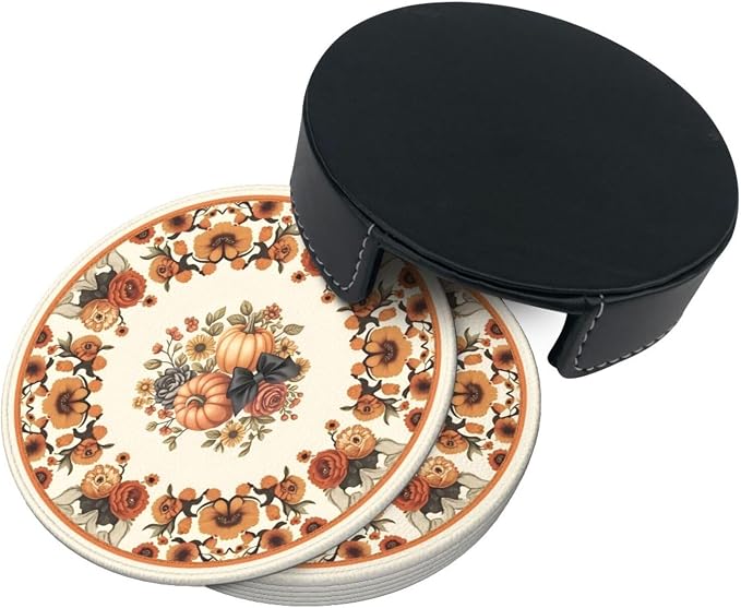 Sunflowers with Pumpkins Leather Coasters Set of 6 with Holders - Image 2