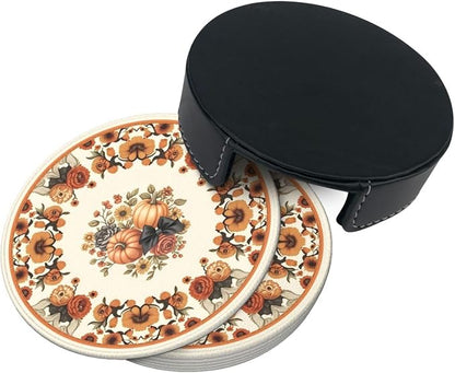 Sunflowers with Pumpkins Leather Coasters Set of 6 with Holders - Image 2