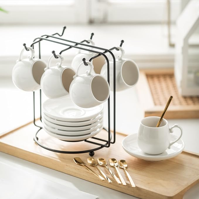 LYEOBOH Espresso Cups with Saucers Set, 3 Ounces Coffee Cups with Metal Stand - Image 9