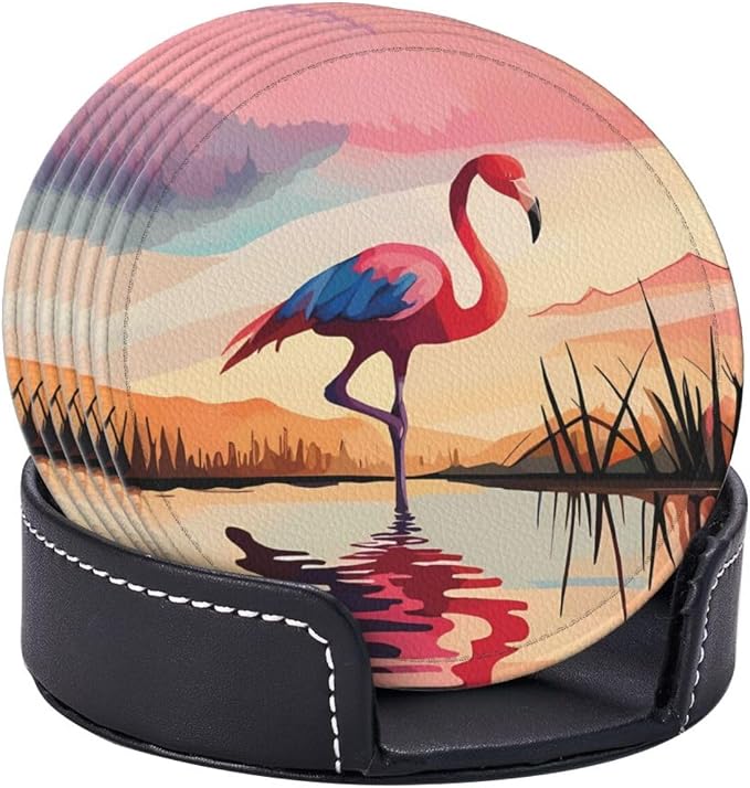 6 Pcs Pink Cute Flamingo Modern Art Boho Leather Coasters - Image 6