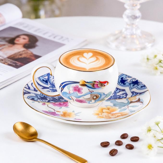 KAMMAK Tea Cups and Saucers Set of 2, Fine Bone China Coffee Cups, GH015 | - Image 4