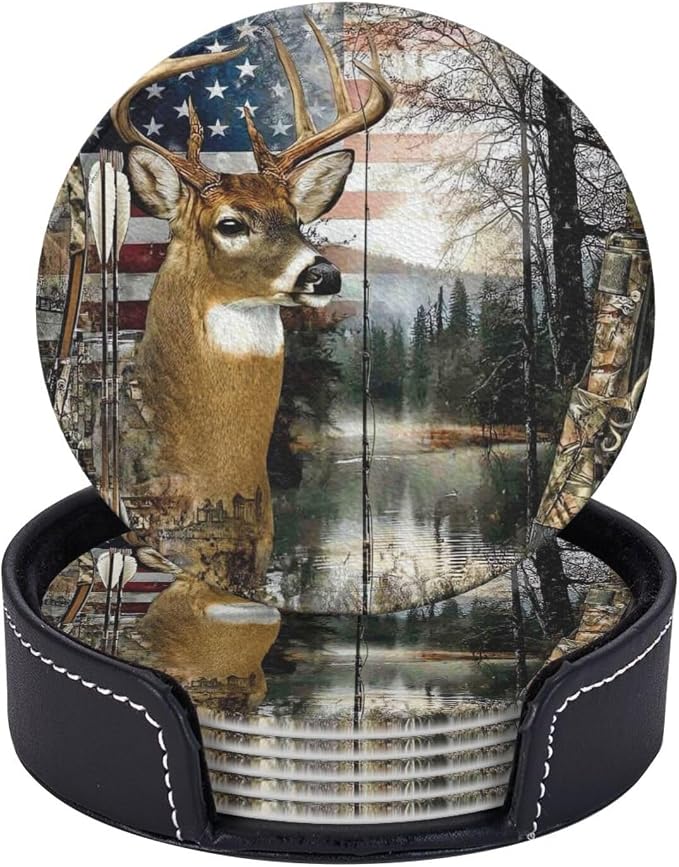 6 Pack Fishing Deer American Flag Leather Coasters by GTEVUTS