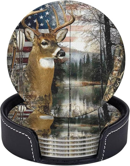 6 Pack Fishing Deer American Flag Leather Coasters by GTEVUTS