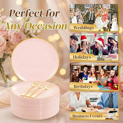 Festiva 400Pcs Pink Gold Dessert Plates 6.3" with Forks 5"- 200PCS Small Disposable Dessert/Cake/Appetizer Plates and 200PCS Forks - Serve 200 Guests for Birthday Party& Wedding &Valentine's Day