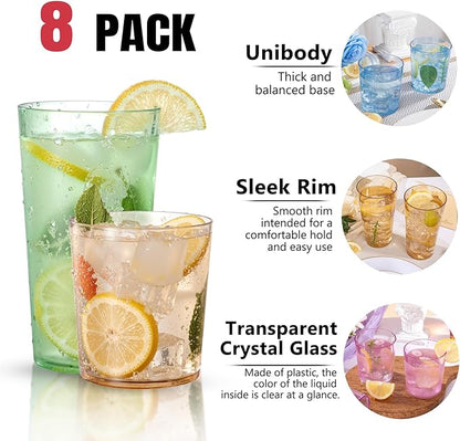 Liacere Colorful Drinking Glasses Set of 8-17oz Highball Plastic Glasses&14oz Cocktail Plastic Glasses Set, Kitchen Water Glasses Cup, Bar Tumbler Glassware Set for Beer,Juice,Cocktail,Whiskey,Milk