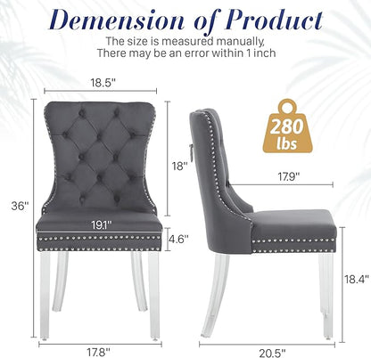 KCC Velvet Dining Chairs Set of 6, Upholstered Tufted Wingback Dining Room Chair with Nailhead Back Ring Pull Trim Solid Acrylic Legs, Contemporary Nikki Collection Style for Kitchen, Grey