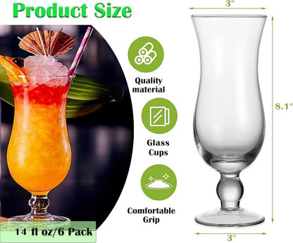Cheardia 6 Pack Hurricane Glass, 14 oz Pina Colada Glasses Clear Tulip Drinking - Image 2