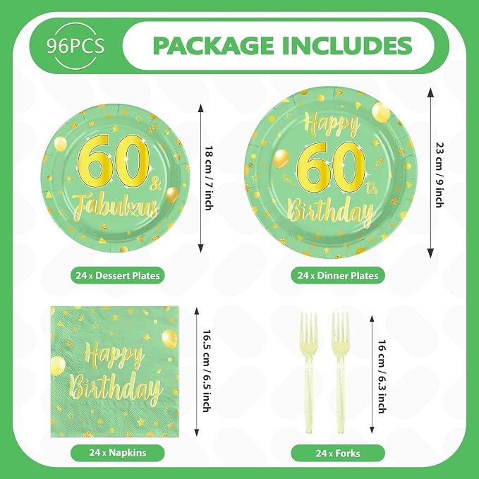 96 Pcs Sage Green Gold 60th Birthday Decorations Serves24 | 60th Birthday - Image 5