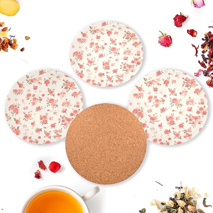 Seamless Pattern Red Roses Aesthetic Round Coaster Set of 4 Cork Tripod - Image 6