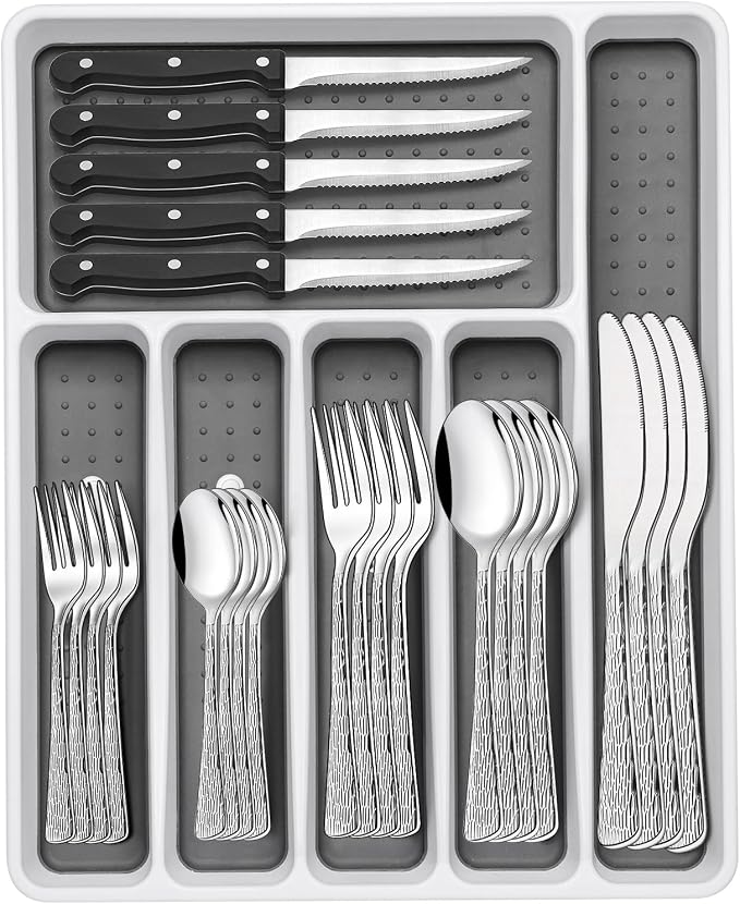 49-Piece Silverware Set with Organizer, Food-Grade Stainless Steel Flatware by EWFEN