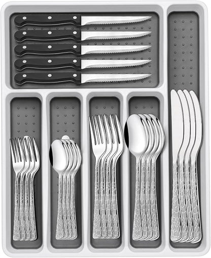 49-Piece Silverware Set with Organizer, Food-Grade Stainless Steel Flatware by EWFEN