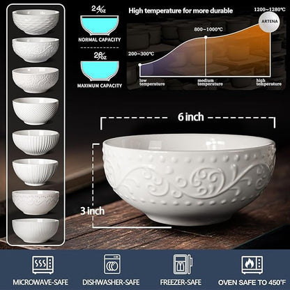 Artena Ceramic Cereal Bowls 26 oz, Embossment Soup Bowls Set of 4, White Salad Bowl for Kitchen, Dinner, Breakfast, Oatmeal, Rice, Pasta, Dishwasher Microwave Safe, 6 inch (Multiple Patterns)