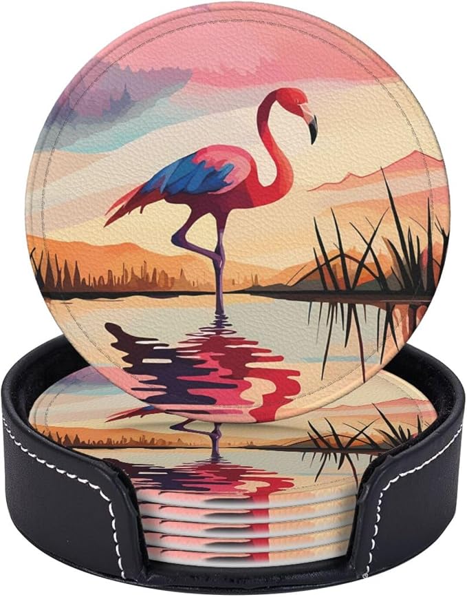 6 Pcs Pink Cute Flamingo Modern Art Boho Leather Coasters by Jfniub