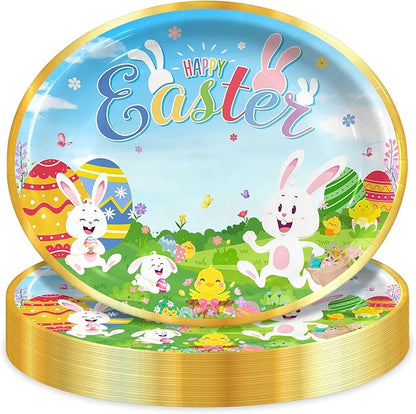 Happy Easter Oval Paper Plates 10" x 12" Serve 50, Floral Easter Party Supplies with Cute Bunny Chick Colorful Eggs Disposable Bunny Paper Dinnerware Set for Spring Holiday Birthday Party Baby Shower