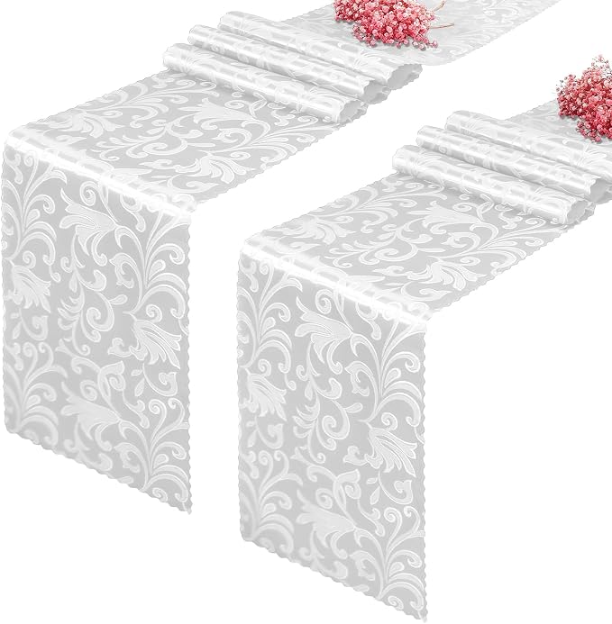 White Satin Table Runner 12 x 108 Inch, 2 Pack | Bright Smooth Damask, Silky by Eychei