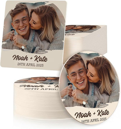 100 Pack Personalized Wedding Coasters, Custom Cardboard Coasters for Drinks with Photo Print and Text, Keepsake Wedding Favors and Gifts for Couples, 3.95" Round (Design 6)