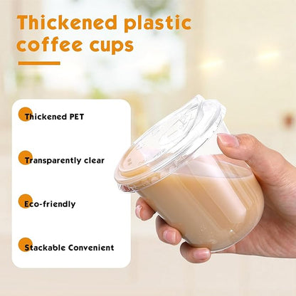 50 Sets Clear Plastic Cups with Strawless Sip Lids, Thickened Clear Disposable Plastic PET Crystal Cups for Iced Coffee, Smoothie, Cold Beverage, Drink Shops and Party Catering (10 oz)