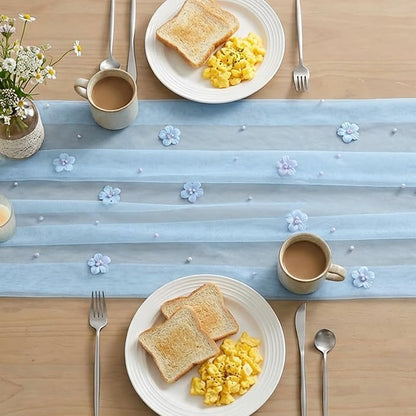 Artoid Mode Blue Flower Pearl Blue Gauze Table Runner 10FT, Seasonal Sheer - Image 4