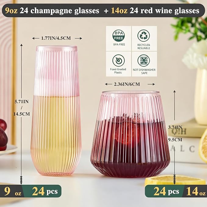 Lueumxc 56 Pack Plastic Wine Glasses Disposable Ribbed Champagne Flutes - Image 2