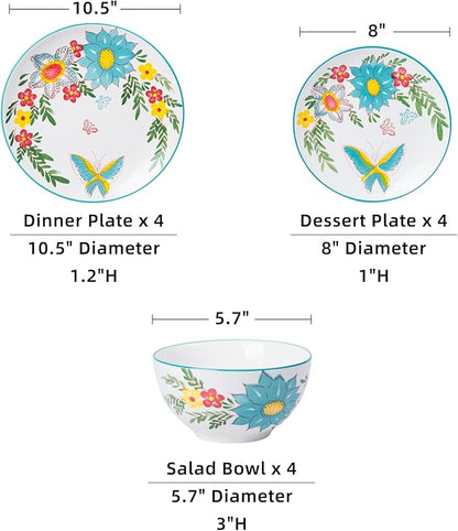 HomePop Ceramic 12-Pieces Dinnerware Sets,Dish Plates and Bowls Sets - Red