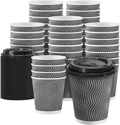 100 Pack 8 oz Disposable Coffee Cups with Lids, Insulated Ripple Wall To-Go Paper Coffee Cups Suitable for Chocolate Cocoa and Hot/Cold Drinks (Grey)