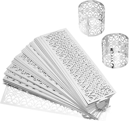 uxcell 100Pcs Napkin Rings Laser Cut Foil Paper, Napkin Holder Hollow Napkin Bands for Weddings Party Serviette Table Decoration Restaurant (Reflective Silver Tone, 5.3 x 1.6)