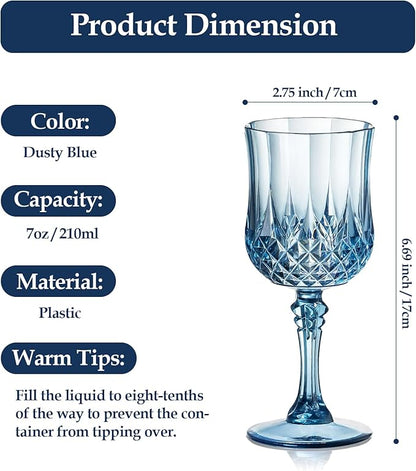 XUWAIDSGN 7oz Plastic Vintage Wine Glasses Drinking Glasses Unbreakable Wedding Glassware Crystal Water Goblets Reusable Drinkware Vintage Champagne Flutes(16, Blue)