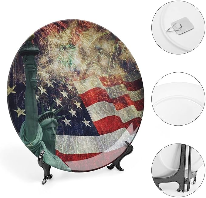 Decorative Plates, American Flag Print Ornament, Fireworks 4th of July, 7 Inch, 1 Plate with 1 Display Stand, Multicolor
