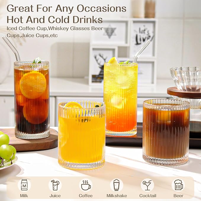 Set of 8 Vintage Ribbed Glassware, 4 Highball Glasses 12 oz, 4 Rocks Drinking - Image 3