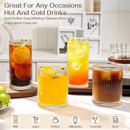 Set of 8 Vintage Ribbed Glassware, 4 Highball Glasses 12 oz, 4 Rocks Drinking - Image 3