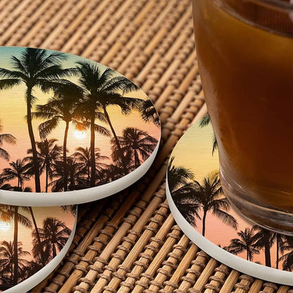 Tropical Island Sunset Coasters for Drinks Beautiful Nature Landscape Sunrise Dusk Scenery Palm Tree for Tabletop Protection Coffee Table Living Room Kitchen Office Home Decor 2 Pcs,4 Inch