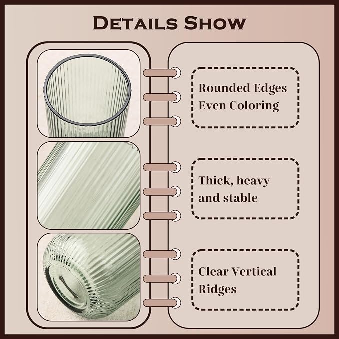 Green Ribbed Highball Glasses Set of 6, 13.2oz Sage Green Colored Glassware - Image 3