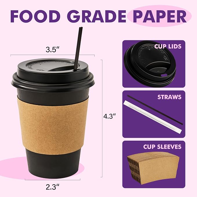 12 oz 50 Pack Black Disposable Paper Coffee Cups - Image 2