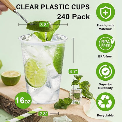 Plastic Cups 16 oz, 240 Pack - Clear Plastic Cups Disposable, Cold Drinking, Ice Coffee Cup for Party, Birthday, Holiday, Events & Everyday Use,Cold,Hot
