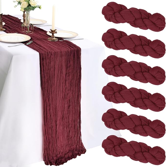 6 Pack 10Ft Burgundy Cheesecloth Table Runner 23 x 120 Inch | Gauze Rustic Boho by CKIKU