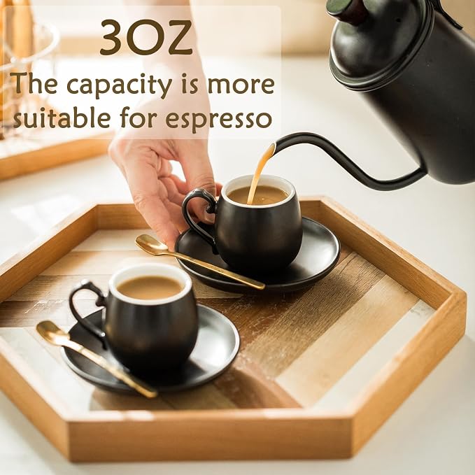 LYEOBOH Espresso Cups and Saucers Set, Ceramic Coffee Cup 3 Ounces Small - Image 3