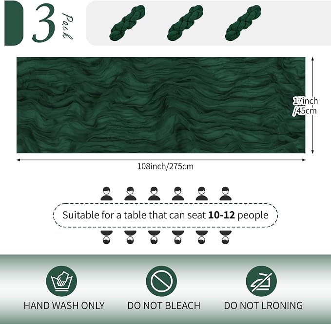 3 Pack Emerald Green Cheesecloth Table Runner 17x108 Inch Semi Sheer Boho Gauze - Image 2