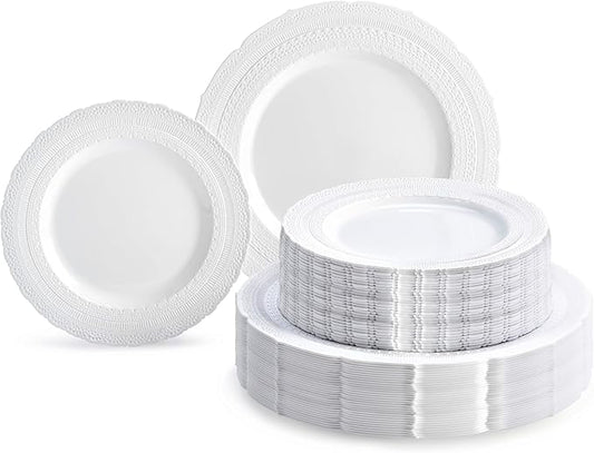 " OCCASIONS " 120 Plates Pack,(60 Guests) Extra Heavyweight Vintage Wedding Disposable/Reusable Plastic Plates 60 x 11'' Dinner + 60 x 8.25'' Salad/Dessert Plate (Chateau White)