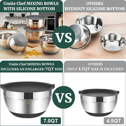 Umite Chef Mixing Bowls with Airtight Lids，6 piece Stainless Steel Metal - Image 3