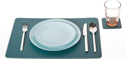 Nikalaz Set of 4 Placemats and 4 Coasters Made of Recycled Leather (18''x13'', Petroleum Green)